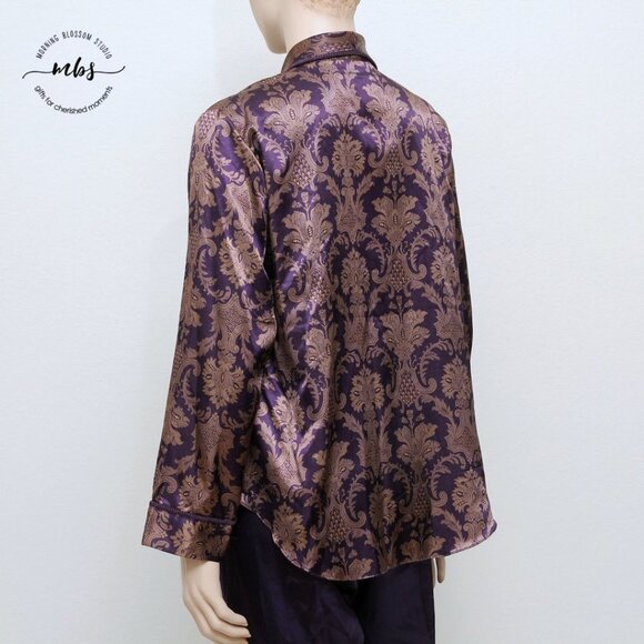 Design Studio Floral Brocade Pajama & Robe Set Tassel Tie Purple Golden Women S - Picture 9 of 16